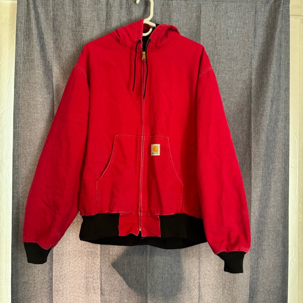 Vintage Carhartt Jacket Mens 2XL Red Canvas‎ Duck Quilt Lined Hooded J04 USA